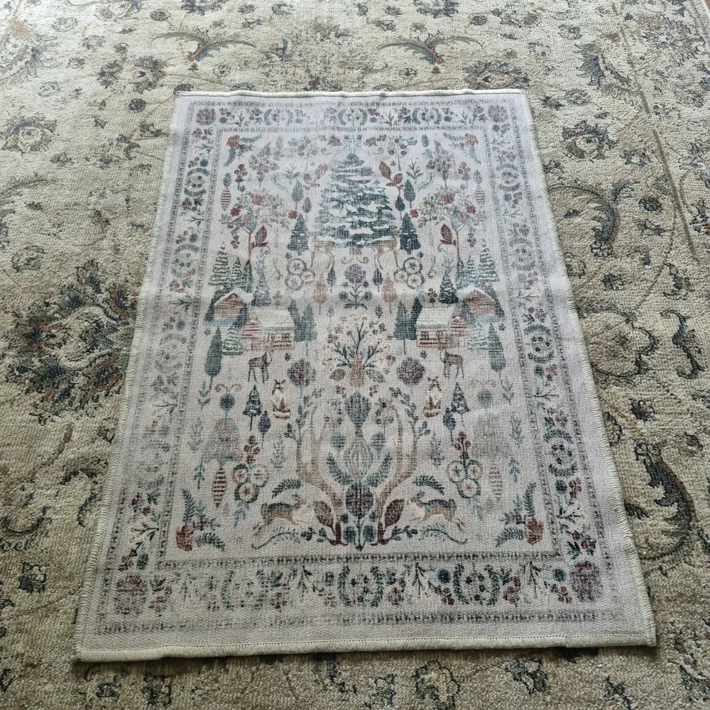 Ruggable 2x3 Washable Accent Rug Winter Woodland Christmas Pine Tree Cabin Deer